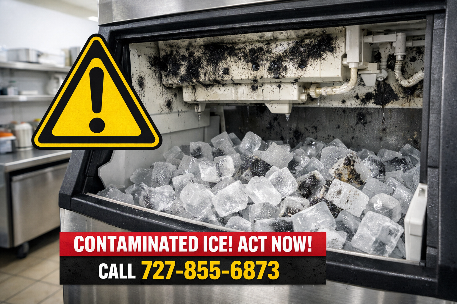 Contaminated commercial ice machine in need of professional cleaning