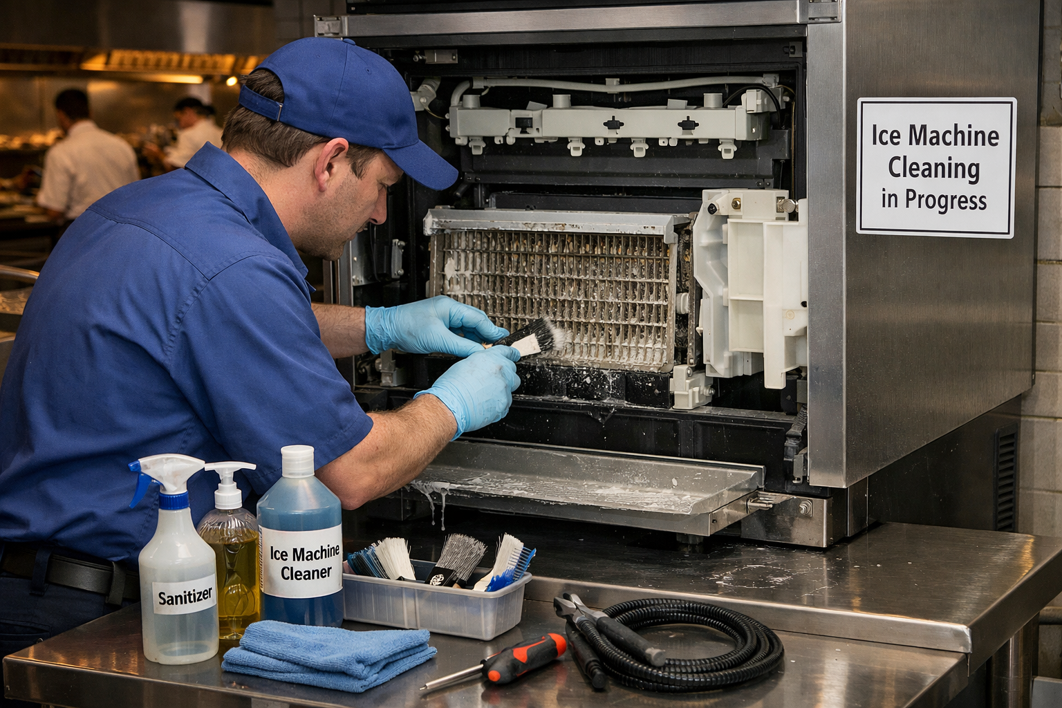 Ice machine technician cleaning a commercial ice machine in a Palm Harbor restaurant 