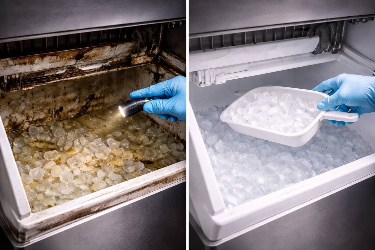 Side by side comparison of dirty and clean ice machine interior showing contaminated ice versus sanitized ice bin