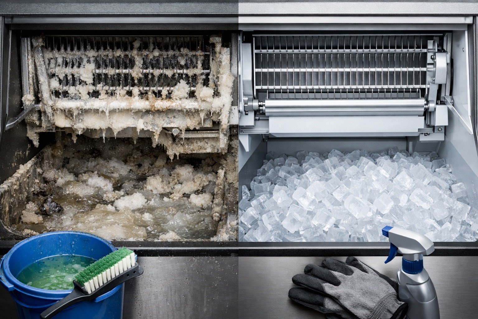 Before and after commercial ice machine cleaning service in Pinellas County showing mold and scale removal