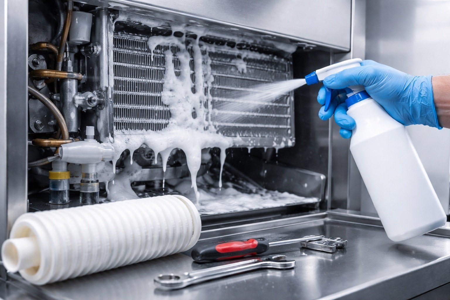 Professional ice machine cleaning service in Pinellas County showing evaporator and internal component sanitation