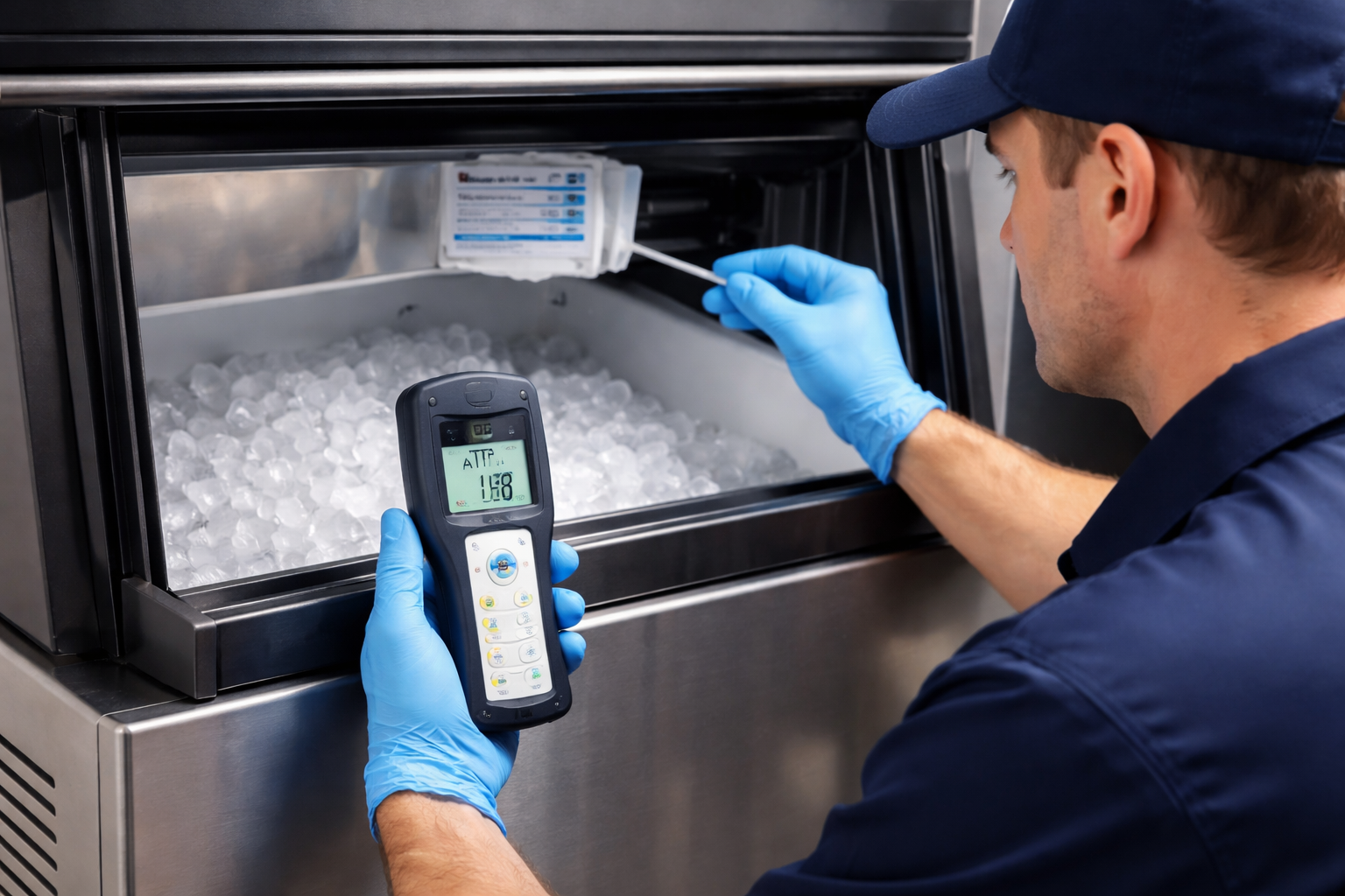 Ice machine sanitation verification with ATP testing device measuring cleanliness inside commercial ice machine